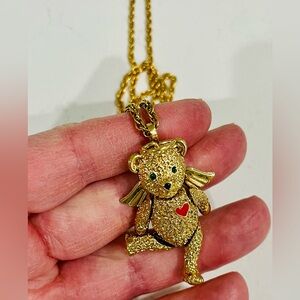 Vintage 1996 BATYA Articulated Angel Bear Necklace • Enamel Heart